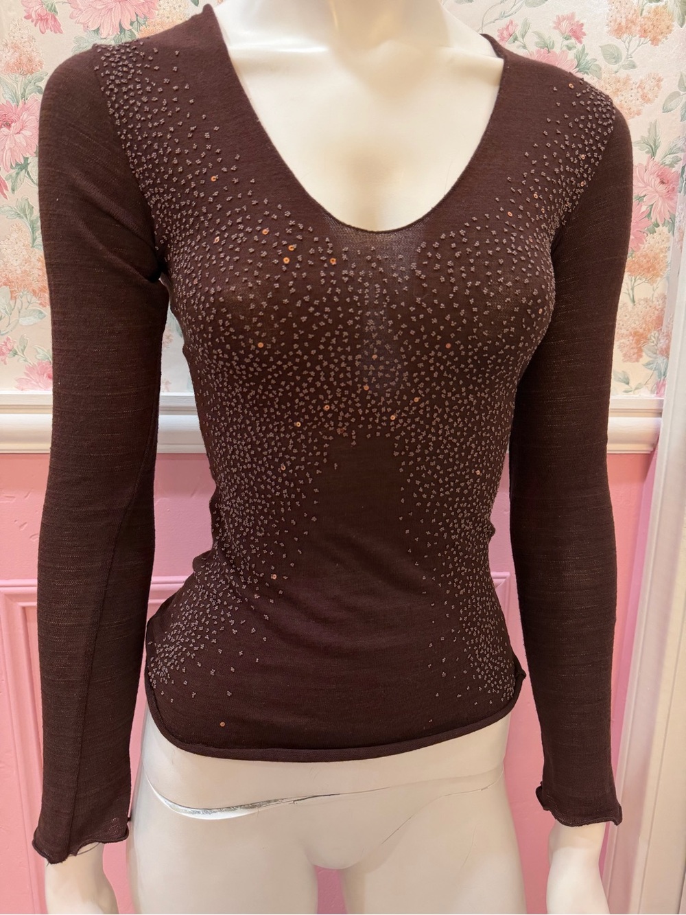 Cache Brown Crystal-Embellished V-Neck Long Sleeve Top